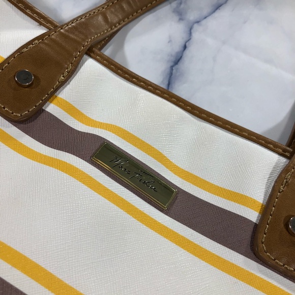Marc Fisher White Brown Yellow Striped Tote Bag - Picture 2 of 8